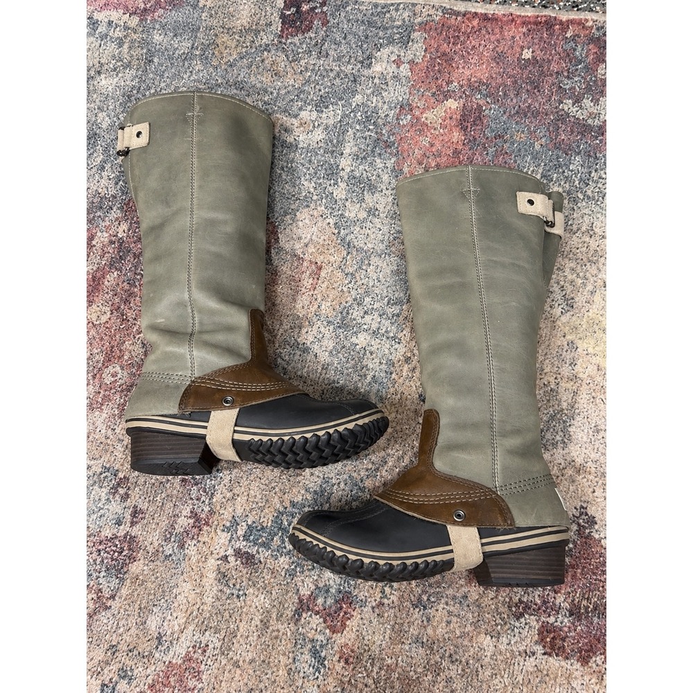 Sorel Slimpack Riding Tall Duck Boots Sage Green Leather NL2007-051 Womens 6.5